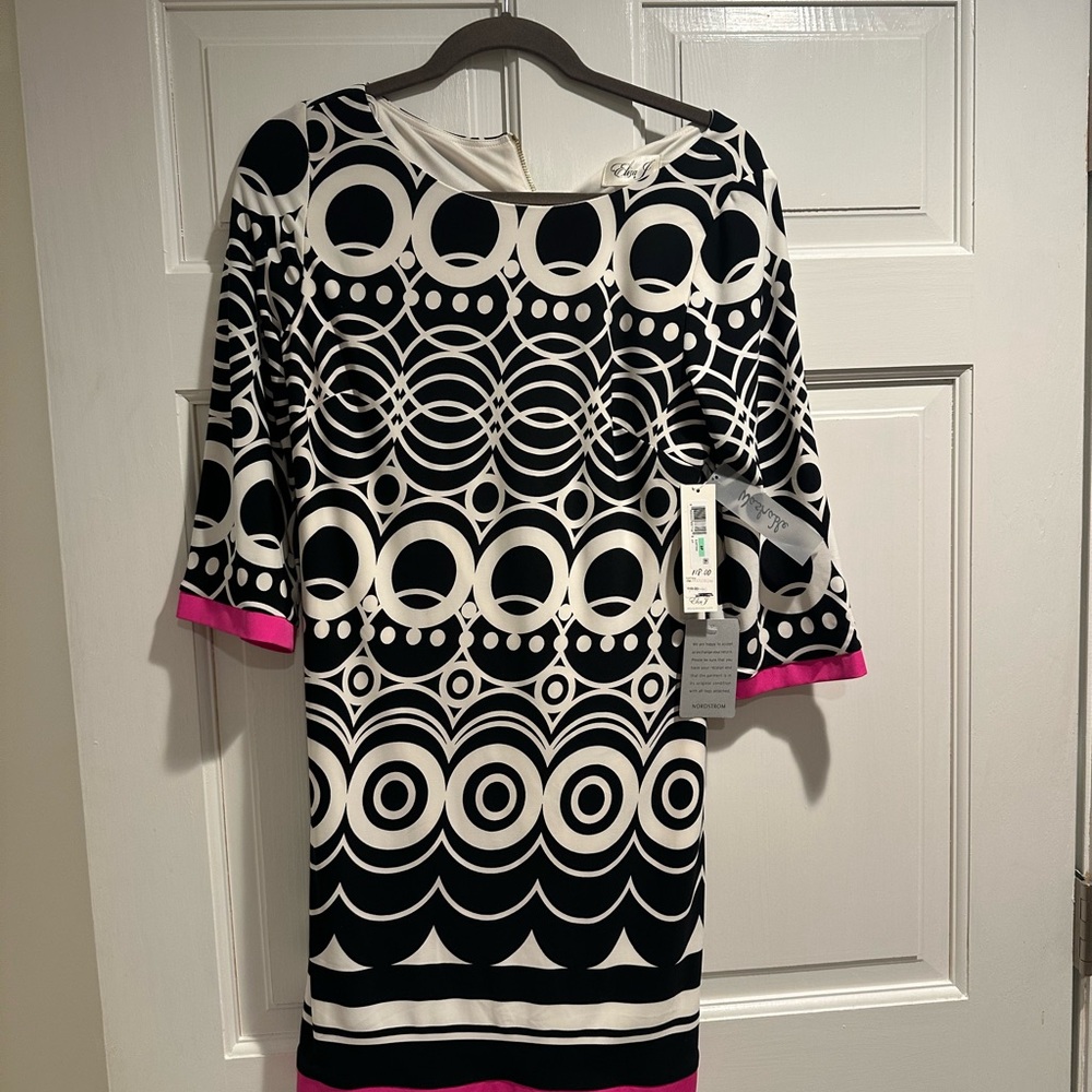 Eliza J Black and White Geometric Dress with Pink Accents